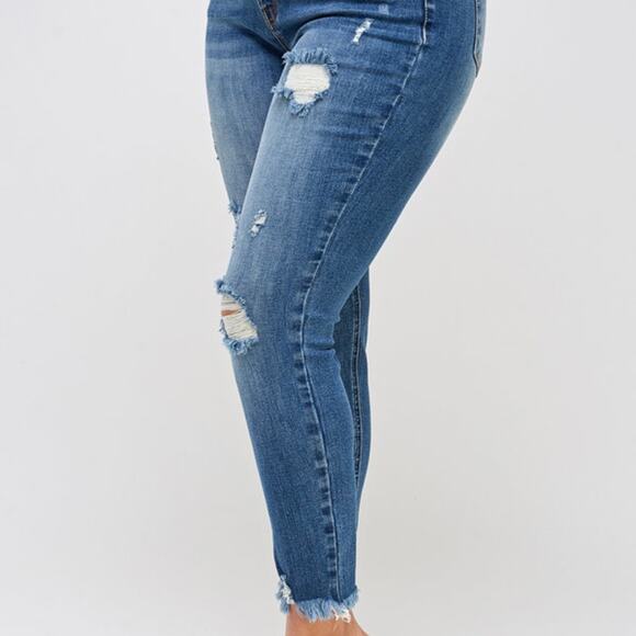 High Rise Frayed Raw Hem Ankle Distressed Skinny Jeans Blue Stretch Plus Size 3X - Picture 6 of 13